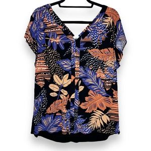 Loralette Women's Size 16 Leaf Print Blouse Black Tropical Orange City Chic